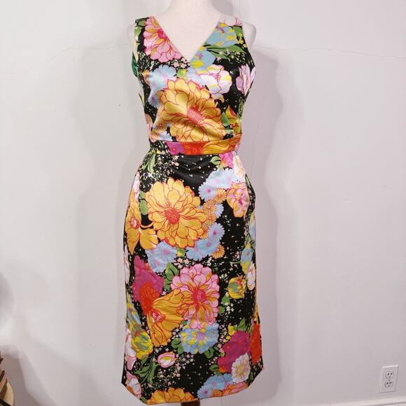 Richard Quinn Floral Print Midi Dress UK 8 US 4 AW18 Black Multicolor Satin NWT - Picture 1 of 13